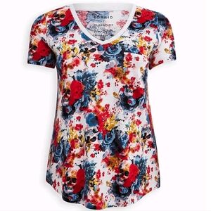 Torrid Classic Fit Floral Skull Water Color Print Chest Pocket Size 0 Bikercore
